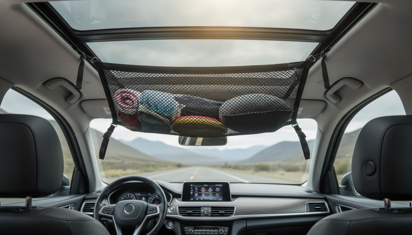 Double-Layer Car Ceiling Cargo Net Organizer (With Compartments)